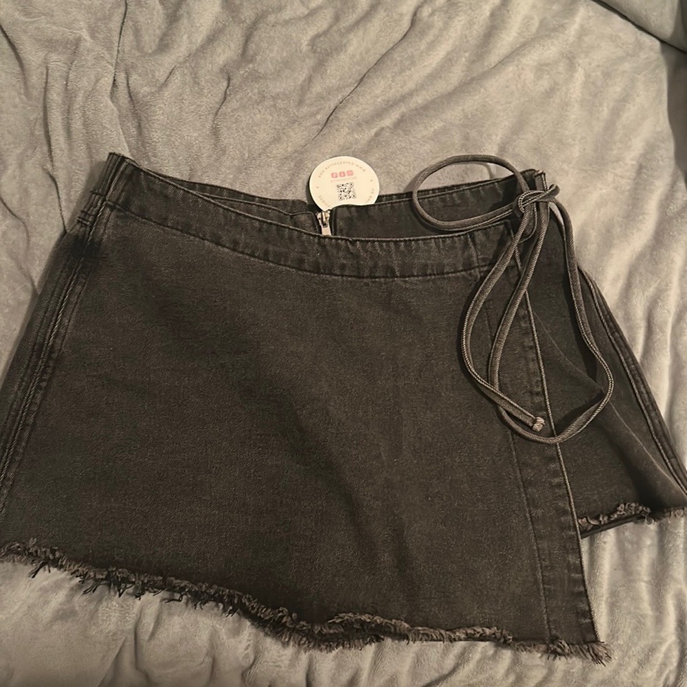 Black denim side tie skort